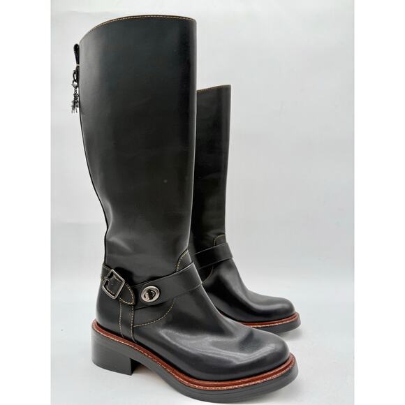 Coach Sutton Black Leather Riding Boots Women’s Size 5 | Tall Zip Buckle Boots - Picture 1 of 12